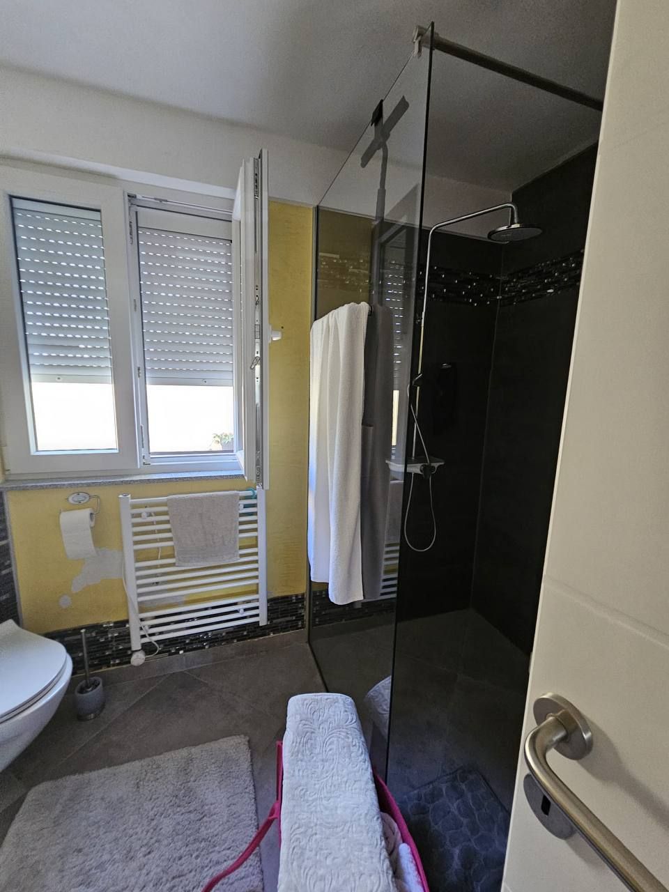 Helles Bad mit Glasdusche und Handtuchheizkörper