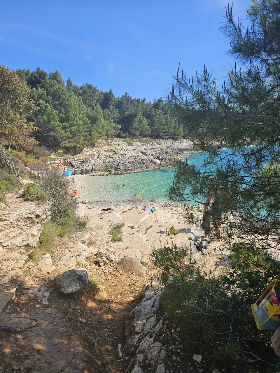 Kleine Badebucht mit Kiesstrand und Pinien