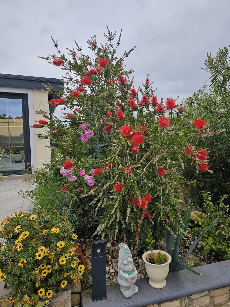Roter Zylinderputzer und Blumen vor dem Haus